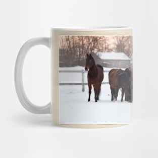 Four horses grazing on snowy pasture Mug